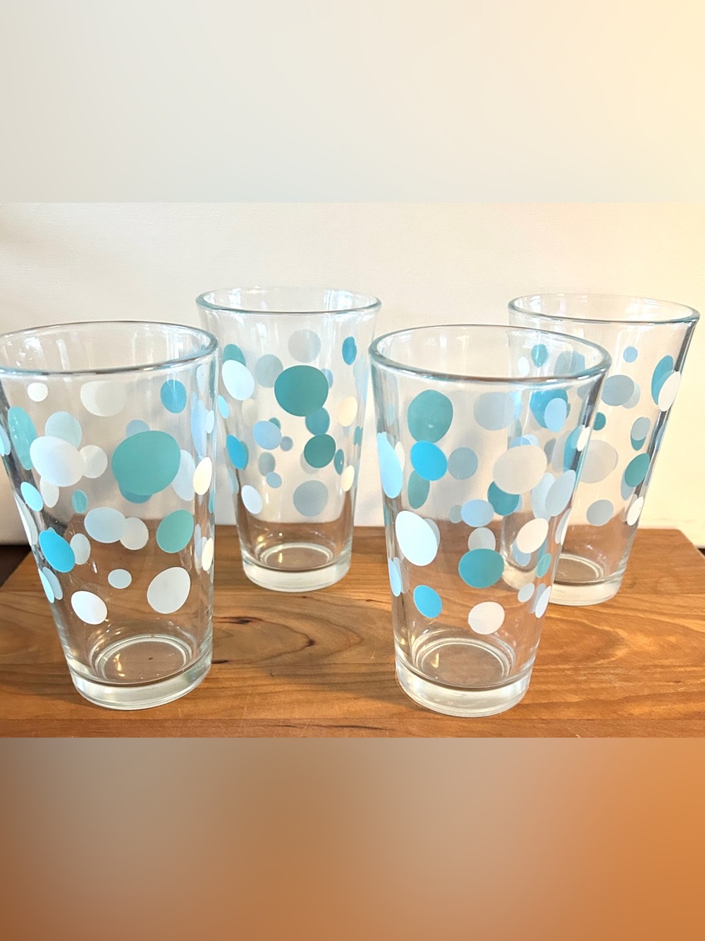 Vintage Libbey Tumbler Drinking Glass Aqua Blue White Polka Dot 16oz SET OF 4